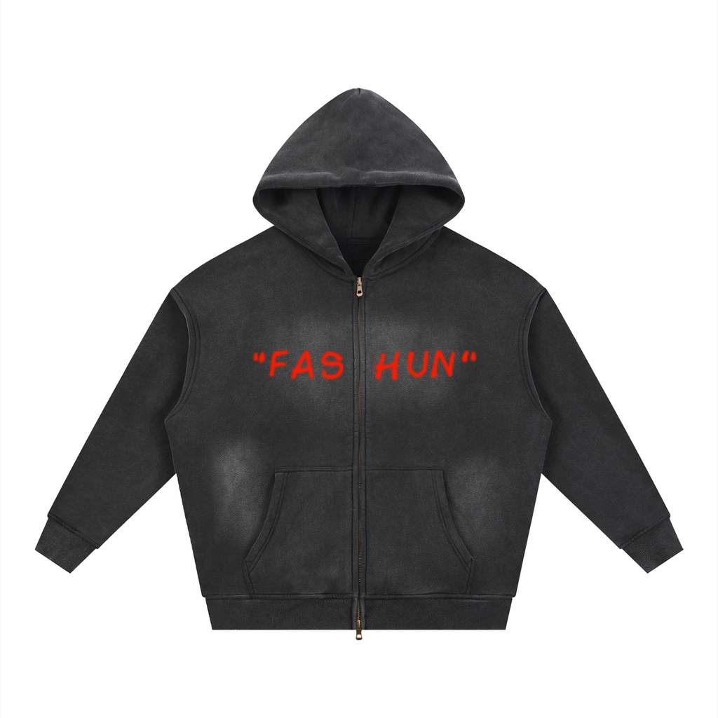 "FASHUN" Handwritten Sunfade Two-way Zipper Boxy Hoodie